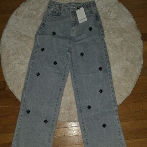 Herlian Gray Jeans with Black floral accents